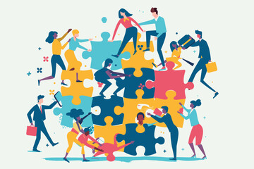 Team Building for Success - Business People Collaborating, Solving Lightbulb Jigsaw Puzzle. Teamwork Strategy, Planning Together. Concept Vector Illustration for Web Banner, Presentation. - obrazy, fototapety, plakaty