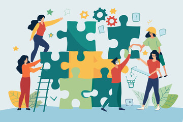 Team Building for Success - Business People Collaborating, Solving Lightbulb Jigsaw Puzzle. Teamwork Strategy, Planning Together. Concept Vector Illustration for Web Banner, Presentation.