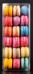 Front view, neatly packed with Colorful Macarone in plastic box сreated with Generative Ai