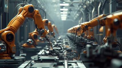 Robotic arms operating on a production line in a high-tech manufacturing facility, showcasing advanced automation and precision engineering.