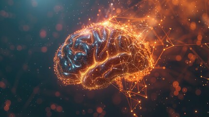 An abstract digital illustration of a human brain composed of a network of glowing nodes and connections, symbolizing neural activity and artificial intelligence.