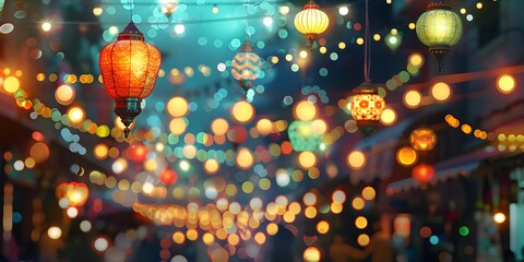 Glowing Lanterns in the Night Sky, To provide a calming and peaceful background for digital devices, or to be used as a decorative element in - obrazy, fototapety, plakaty