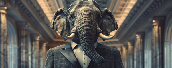 A noble elephant dressed in a stately suit with its tusks polished standing in a grand studio symbolizing robust and powerful business prowess
