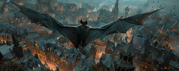 A mythical vampire in bat form soaring over a gothic cityscape at twilight its wings casting eerie shadows on the cobblestone streets below - obrazy, fototapety, plakaty