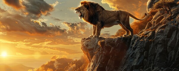 Lion on a cliff mid roar the sun setting behind a captivating scene for any photography documentary - obrazy, fototapety, plakaty
