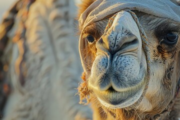 Dawn, desert and camel, dust with light