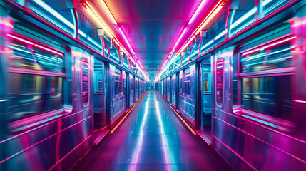 The interior of a subway train lit by vibrant neon lights captured in a long exposure to emphasize speed and movement all while maintaining a calming - obrazy, fototapety, plakaty