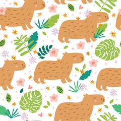 Cute Capybara in jungle seamless pattern. Summer tropic repeat background with cute animal, tropical leaves, flowers. Vector childish wallpaper, textile design, print, gift paper, wrapping, fabric.