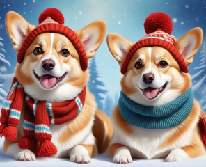 Cute Corgi puppies in winter hats and scarves looking at the camera