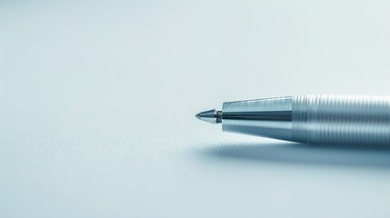 Fototapeta premium A UHD close-up of a sleek silver pen resting on a pristine white surface, with ample empty space beside it for branding or text, creating a minimalist and professional image.