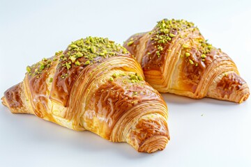 Two fresh croissants with pistachio nuts, isolated on a white background.