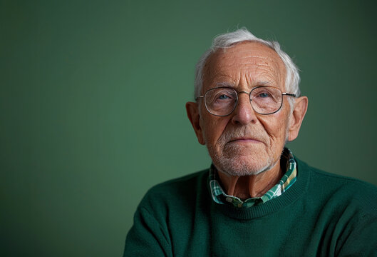 A man with glasses and a mustache is smiling at the camera. He is wearing a green sweater. Older man in a green pullover and glasses in a picture of retirement against a green color background