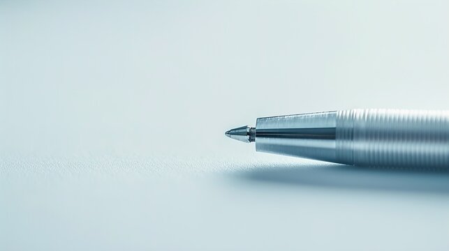A UHD close-up of a sleek silver pen resting on a pristine white surface, with ample empty space beside it for branding or text, creating a minimalist and professional image.