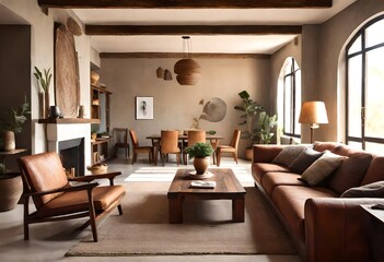 A spacious living area adorned with rustic furniture and warm earthy tones.