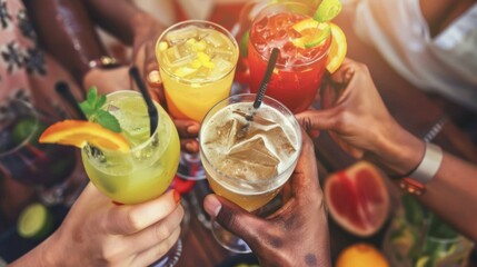  a group of people holding glasses filled with different types of drinks and garnished with garnishes. - obrazy, fototapety, plakaty