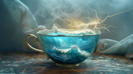 A teacup with a stormy sea inside, complete with miniature lightning - obrazy, fototapety, plakaty