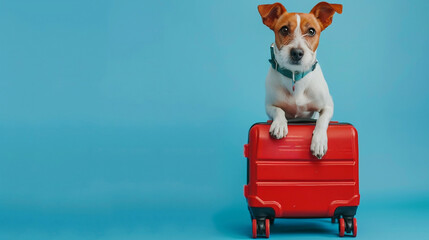 Funny Jack Russell dog with suitcase going to travel on blue isolated background with copy space. Summer Travel weekends life with pets, animals concept. wanderlust people traveling the world. - obrazy, fototapety, plakaty