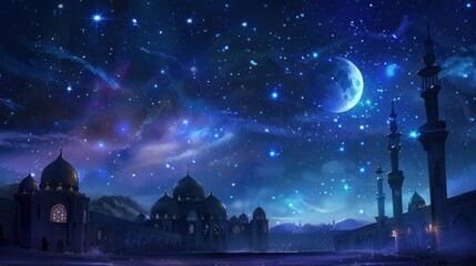 A sky filled with stars and a new moon, heralding the coming of Eid ul-Fitr - obrazy, fototapety, plakaty
