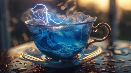 A teacup with a stormy sea inside, complete with miniature lightning - obrazy, fototapety, plakaty