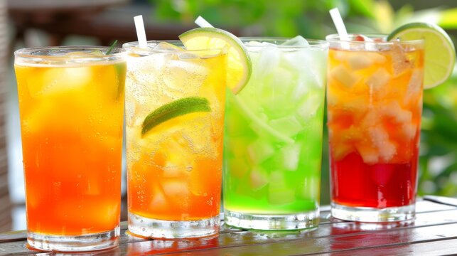  a row of different colored drinks sitting on top of a wooden table in front of a green leafy tree.