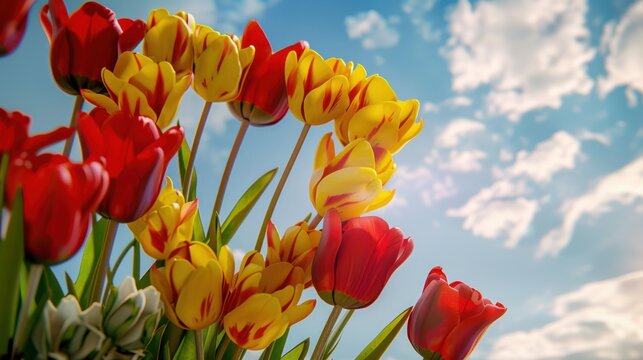 beautiful red tulips on the sky background