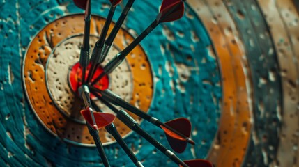Darts hitting the bullseye on a dartboard, concept of success and goal-setting. Achievement of objectives and the fulfillment of aspirations. 
