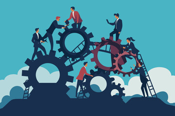 Teamwork for Success Concept - Business People as Gears Working Together, Collaborating and Cooperating. Symbols of Productivity, Efficiency, Development, Organization. Vector Illustration.
