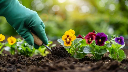 Foto auf Alu-Dibond A gloved hand is planting vibrant pansies in the garden soil. © MP Studio