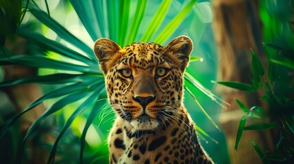  a close - up of a leopard's face in front of a green background with palm fronds. - obrazy, fototapety, plakaty