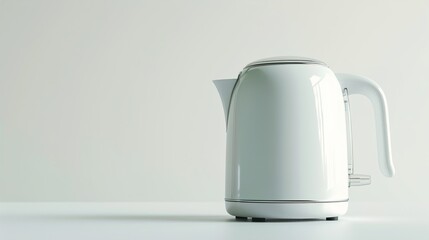 Fototapeta premium A UHD close-up of a sleek white electric kettle positioned against a clean white background, providing ample space for incorporating branding or promotional messages.