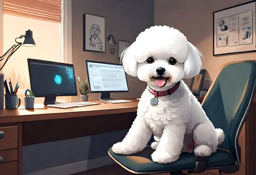 A fluffy bichon frise peacefully sitting in a cozy home office space, surrounded by containment barriers, as its owner teleworks nearby