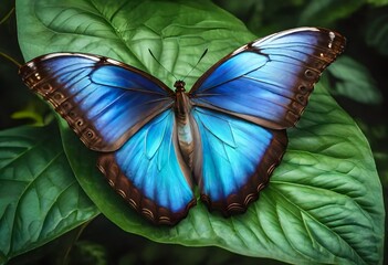 A vibrant Blue Morpho butterfly gracefully perched on a lush green leaf in its natural habitat