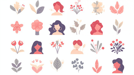 Set d'illustration de femmes, fleurs et éléments graphiques. Couleurs pastel. Beauté, féminin, nature. Pour conception et création graphique. - obrazy, fototapety, plakaty