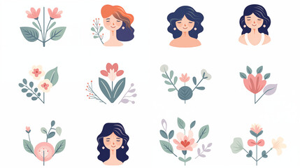Set d'illustration de femmes, fleurs et éléments graphiques. Couleurs pastel. Beauté, féminin, nature. Pour conception et création graphique.
