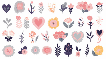 Set d'illustration de fleurs et éléments graphiques. Couleurs pastel. Beauté, féminin, nature. Pour conception et création graphique.