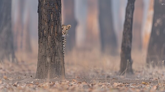  a cheetah hiding behind a tree in the middle of a forest with leaves on the ground and trees in the background.