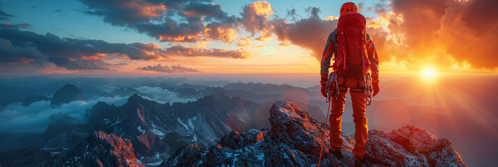 At dawn, adventurers conquer panoramic peaks, embracing freedom amidst stunning landscapes and skies. - obrazy, fototapety, plakaty