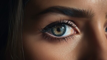 Young woman eye closeup, face detail, extended eyelashes, beauty concept
