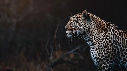 Fototapeta premium a close up of a leopard in a field of grass with trees in the background and a dark sky in the background.