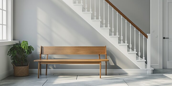 wooden bench next to the stairwell and grey wall. Scandinavian modern entryway interior design with a rustic farmhouse feel.