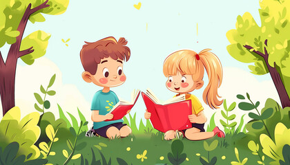 Children in the park reading a book. Cartoon illustration.