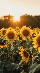 A field of sunflowers stretching towards the sun, their vibrant petals glowing in the golden hour light