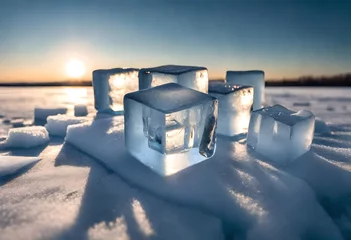 Fotobehang Glistening ice cubes nestled together on a frozen surface, their crystal-clear forms reflecting the ambient light, capturing the essence of chilly serenity © Muhammad Faizan