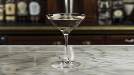  a close up of a wine glass on a table with a bar in the backgrouf of the room.