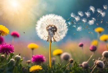 A dandelion releasing its delicate seeds into the air against a backdrop of vibrant flowers, each seed poised for a journey amidst nature's canvas. - obrazy, fototapety, plakaty