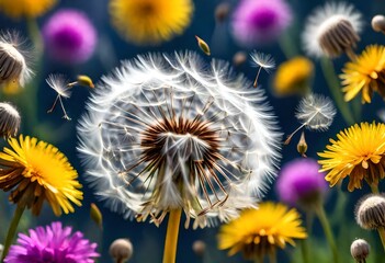 A dandelion releasing its delicate seeds into the air against a backdrop of vibrant flowers, each seed poised for a journey amidst nature's canvas.