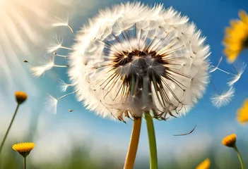  A dandelion releasing its delicate seeds into the air against a backdrop of vibrant flowers, each seed poised for a journey amidst nature's canvas. © Muhammad Faizan