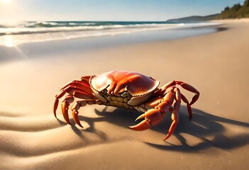 A crab scuttling across the golden sands of a tranquil beach, its shell gleaming in the sunlight as waves gently kiss the shore.