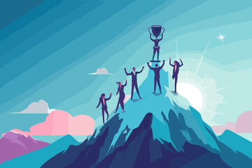 Triumph in Teamwork: Diverse Business Team Celebrates Victory with Trophy on Mountain Peak, Symbolizing Achievement, Unity, and Strategic Success in Corporate World, Ideal for Web and Marketing Use - obrazy, fototapety, plakaty