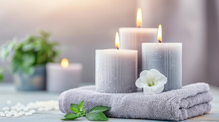  a set of three white candles sitting on top of a towel next to a white flower and a green plant.